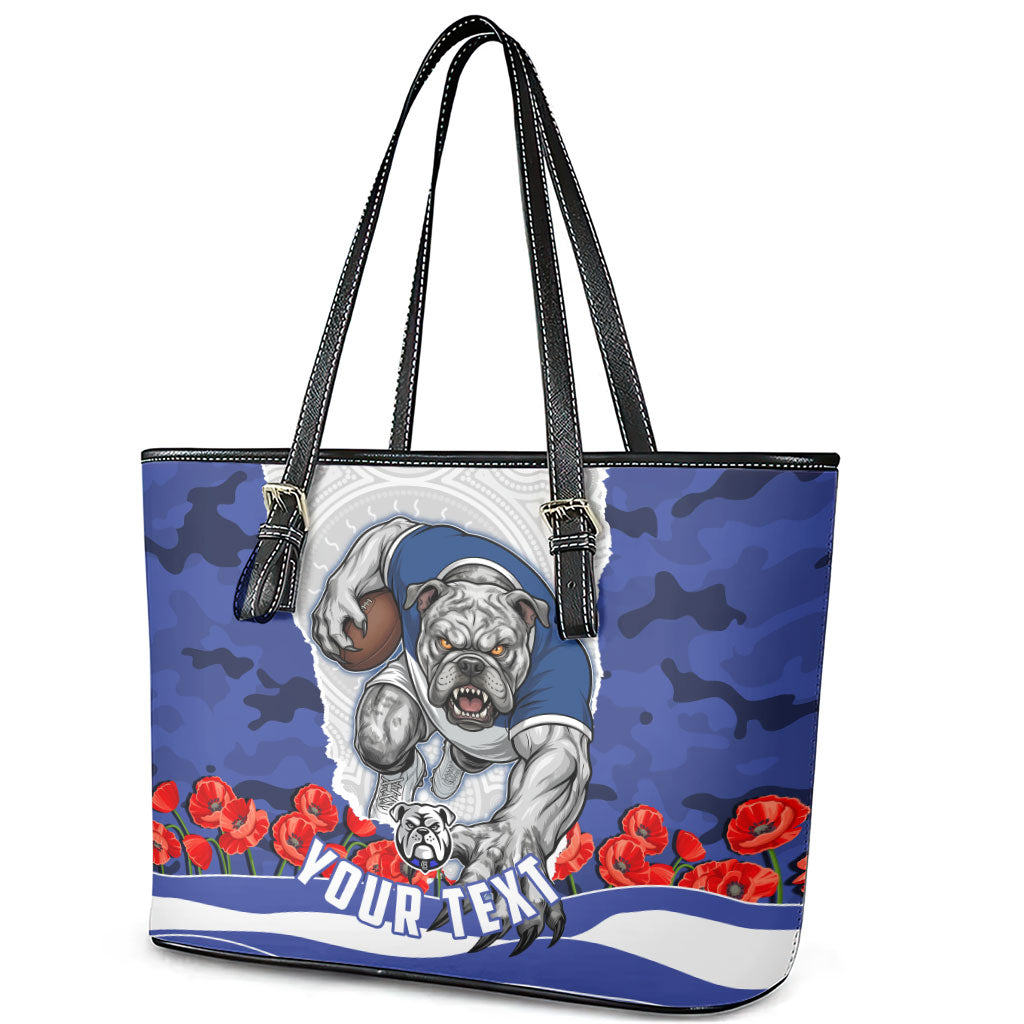 Personalized Bulldogs ANZAC Tribute Leather Tote Bag Poppy Field Soldier Silhouette Aboriginal Rugby Mascot