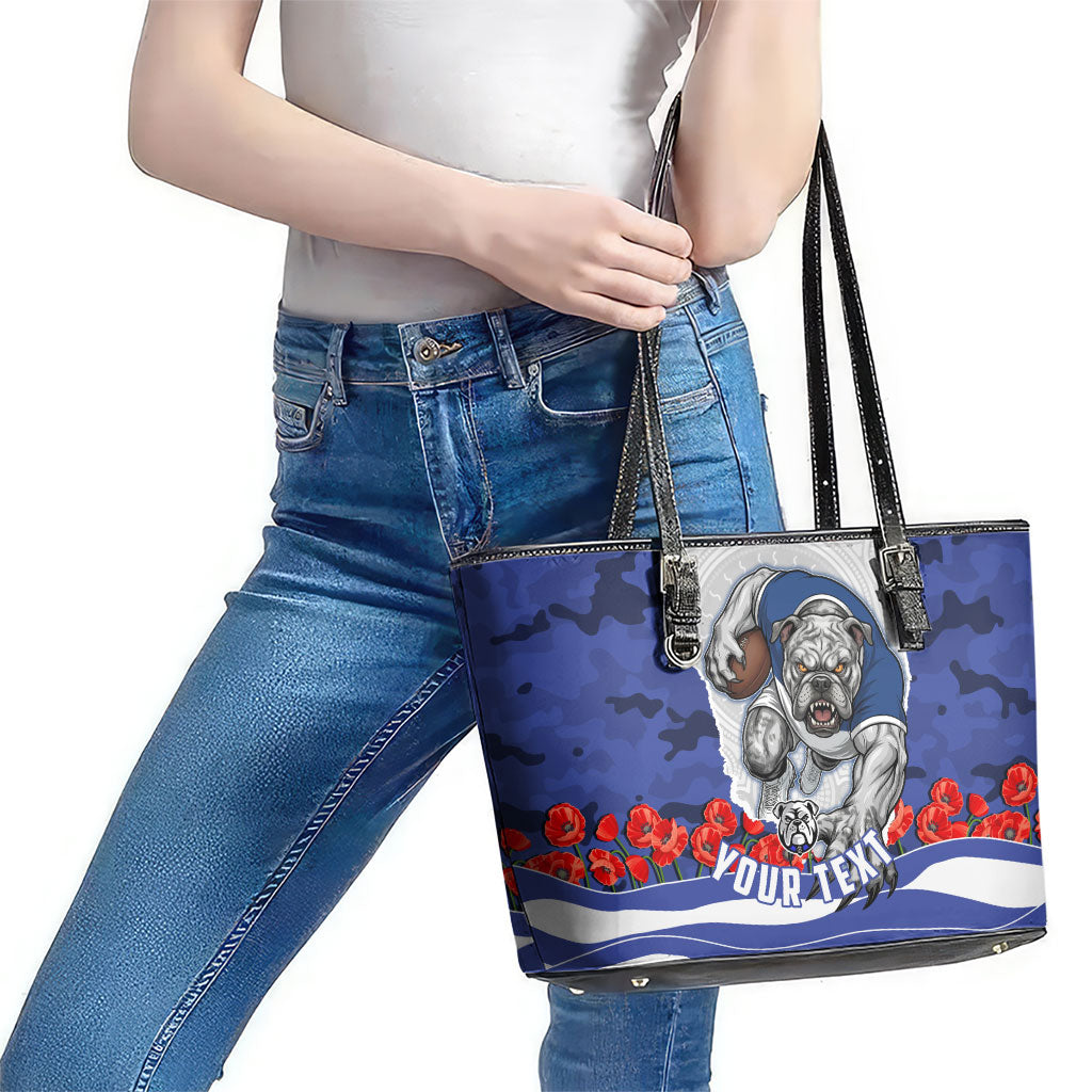Personalized Bulldogs ANZAC Tribute Leather Tote Bag Poppy Field Soldier Silhouette Aboriginal Rugby Mascot