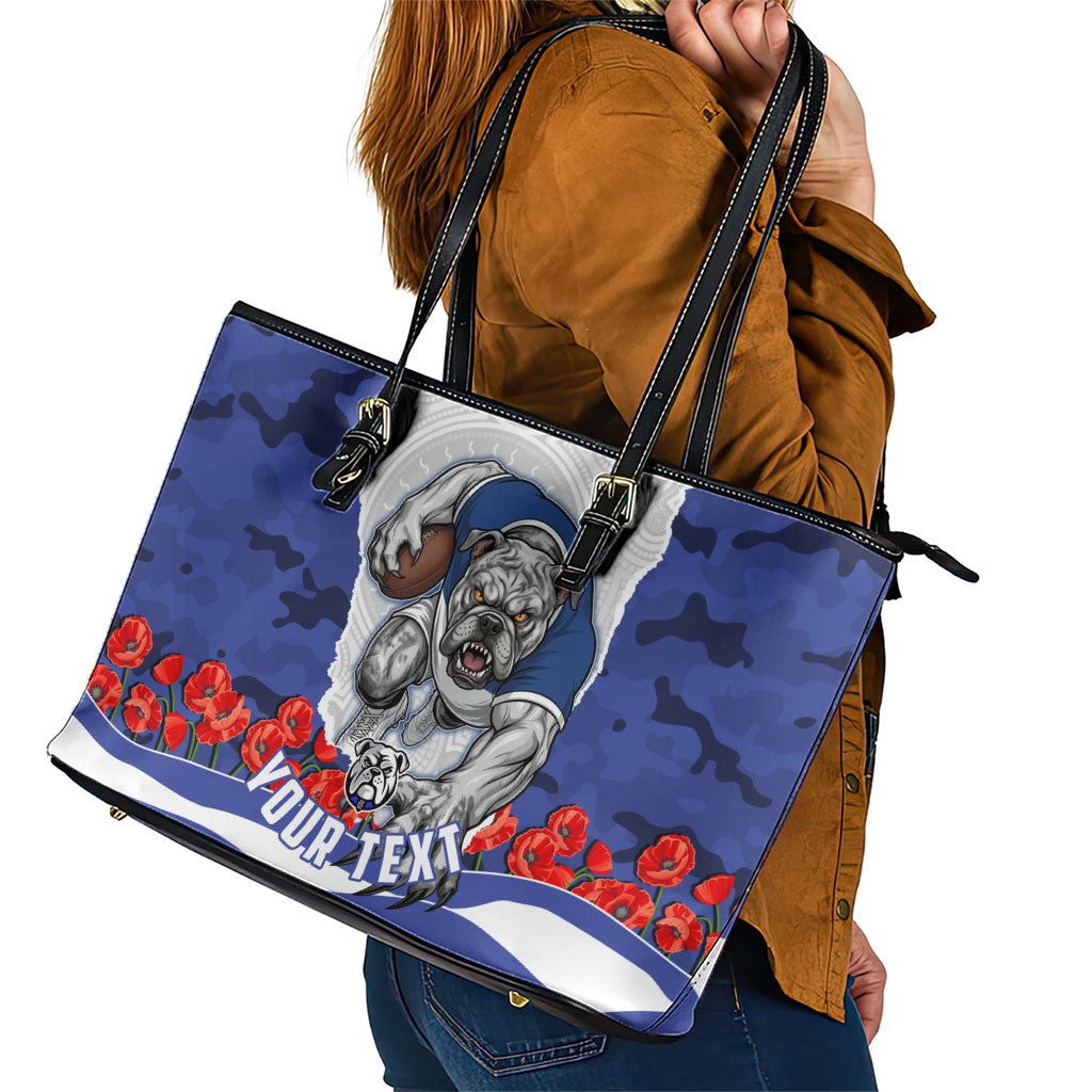 Personalized Bulldogs ANZAC Tribute Leather Tote Bag Poppy Field Soldier Silhouette Aboriginal Rugby Mascot