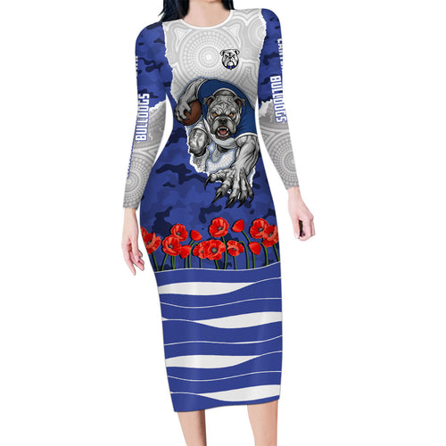 Personalized Bulldogs ANZAC Tribute Long Sleeve Bodycon Dress Poppy Field Soldier Silhouette Aboriginal Rugby Mascot
