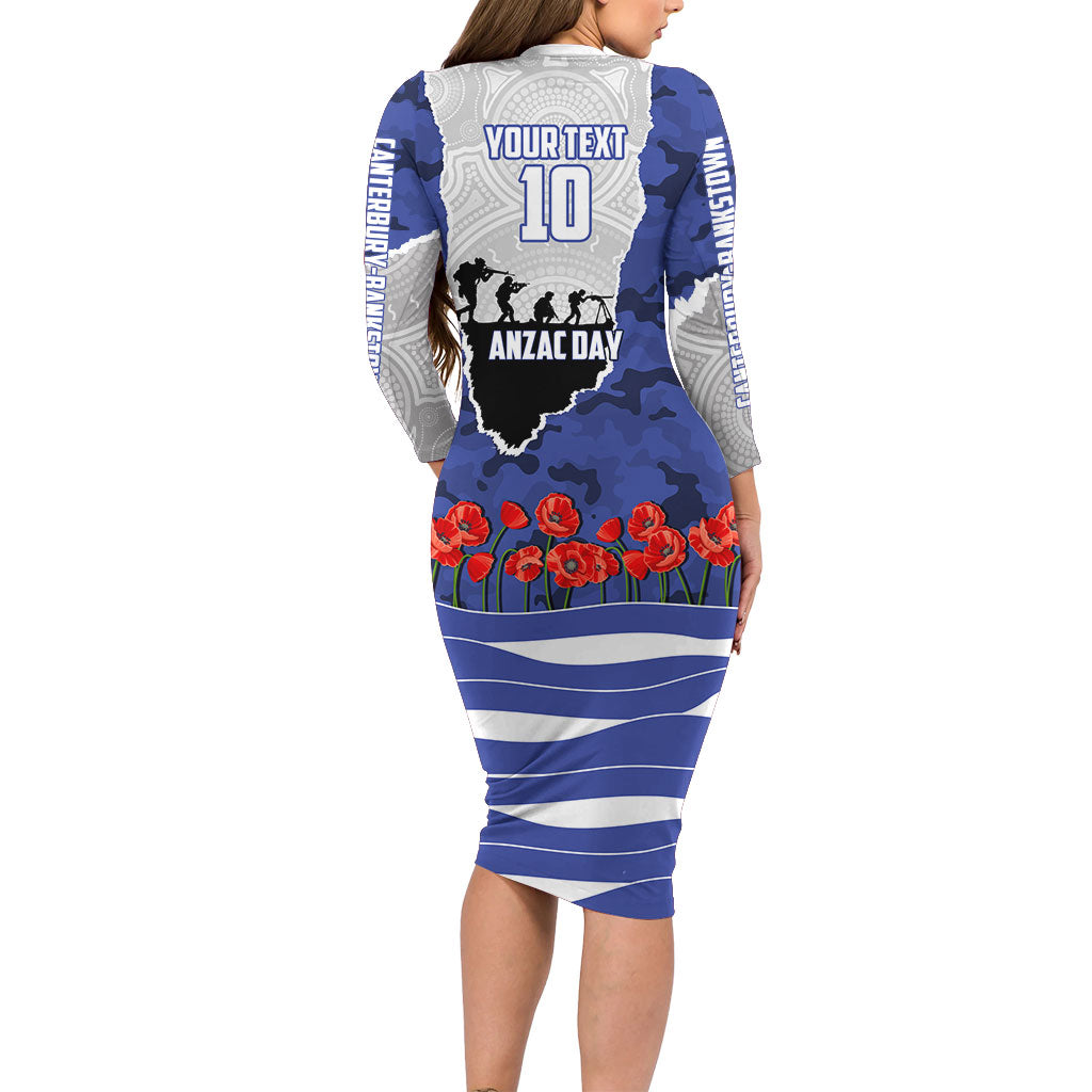 Personalized Bulldogs ANZAC Tribute Long Sleeve Bodycon Dress Poppy Field Soldier Silhouette Aboriginal Rugby Mascot