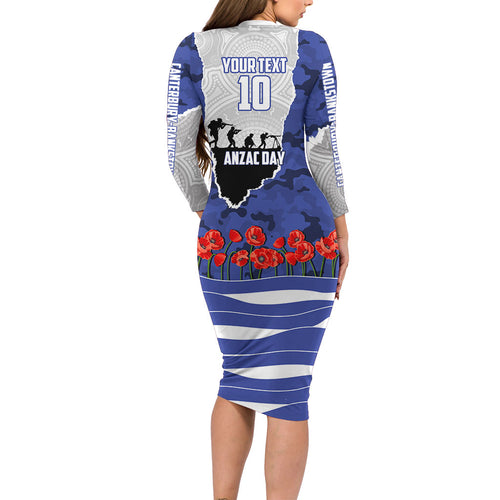 Personalized Bulldogs ANZAC Tribute Long Sleeve Bodycon Dress Poppy Field Soldier Silhouette Aboriginal Rugby Mascot