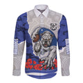 Personalized Bulldogs ANZAC Tribute Long Sleeve Button Shirt Poppy Field Soldier Silhouette Aboriginal Rugby Mascot