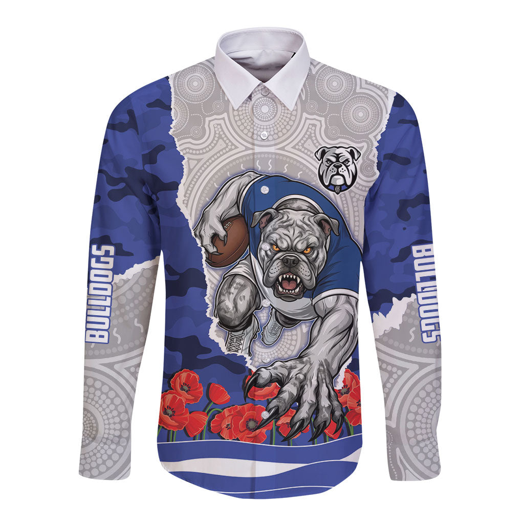 Personalized Bulldogs ANZAC Tribute Long Sleeve Button Shirt Poppy Field Soldier Silhouette Aboriginal Rugby Mascot