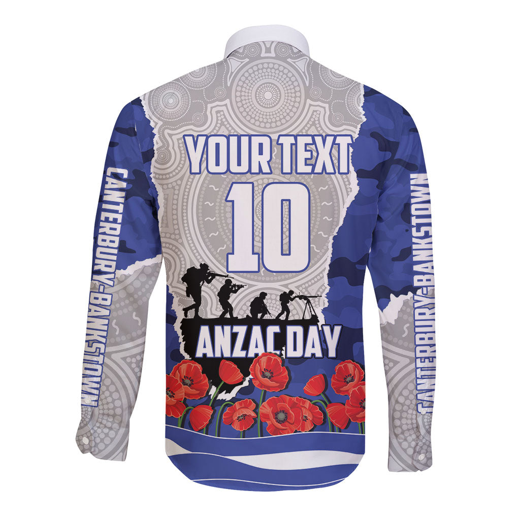 Personalized Bulldogs ANZAC Tribute Long Sleeve Button Shirt Poppy Field Soldier Silhouette Aboriginal Rugby Mascot