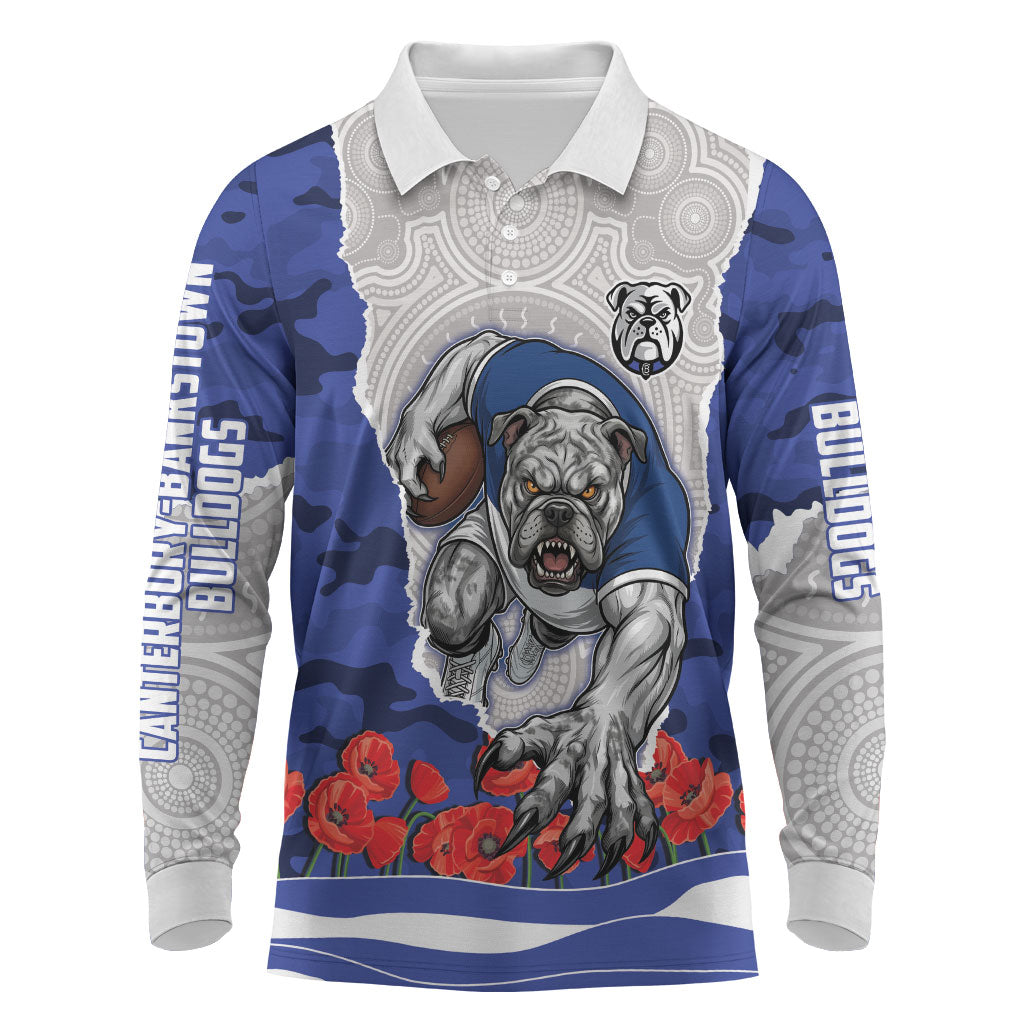 Personalized Bulldogs ANZAC Tribute Long Sleeve Polo Shirt Poppy Field Soldier Silhouette Aboriginal Rugby Mascot