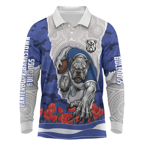 Personalized Bulldogs ANZAC Tribute Long Sleeve Polo Shirt Poppy Field Soldier Silhouette Aboriginal Rugby Mascot