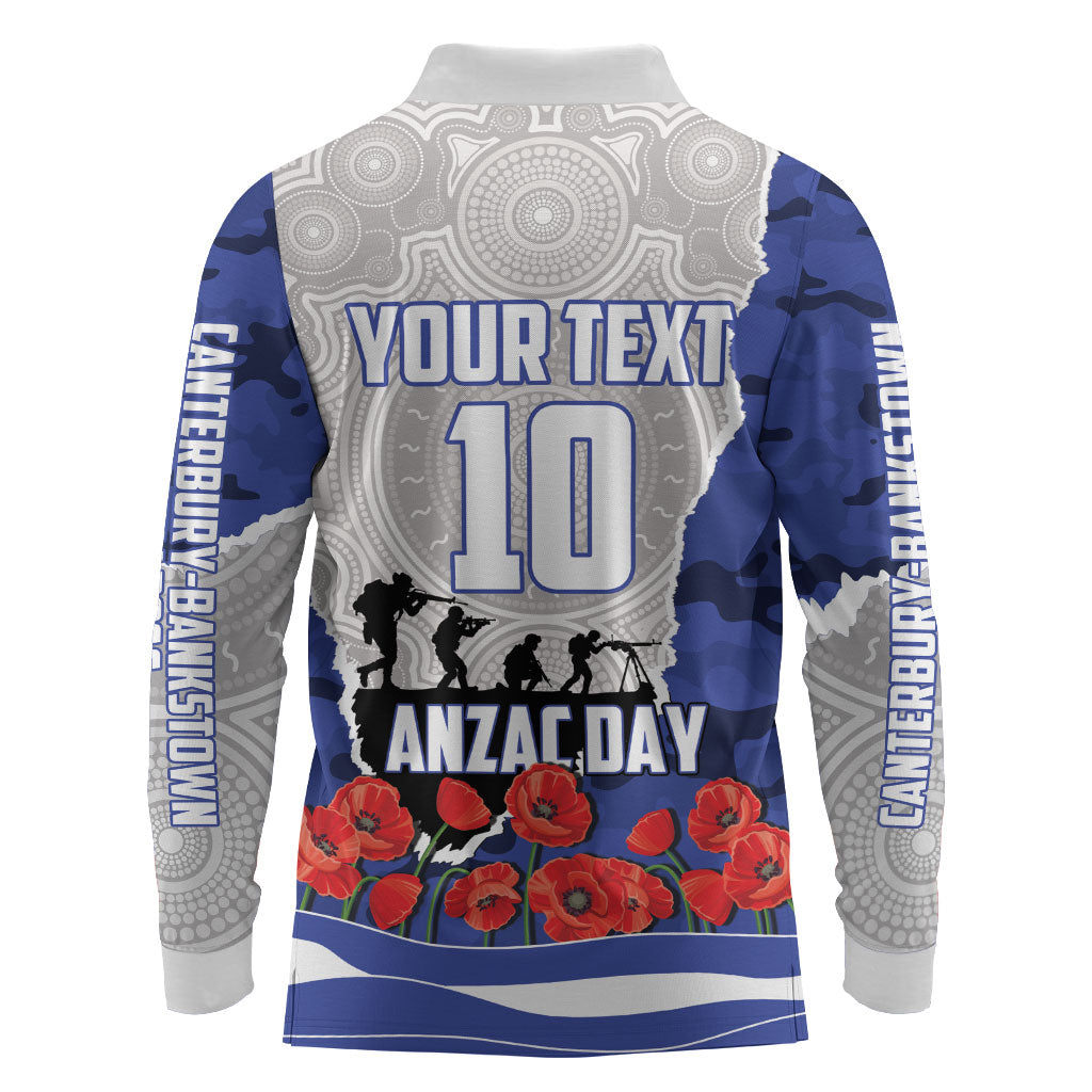 Personalized Bulldogs ANZAC Tribute Long Sleeve Polo Shirt Poppy Field Soldier Silhouette Aboriginal Rugby Mascot