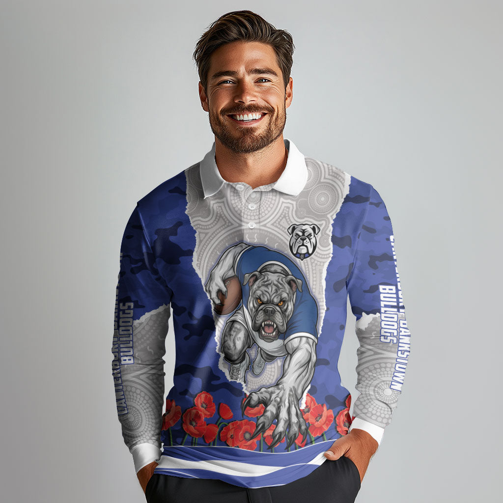 Personalized Bulldogs ANZAC Tribute Long Sleeve Polo Shirt Poppy Field Soldier Silhouette Aboriginal Rugby Mascot