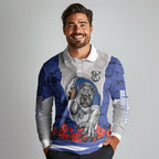 Personalized Bulldogs ANZAC Tribute Long Sleeve Polo Shirt Poppy Field Soldier Silhouette Aboriginal Rugby Mascot