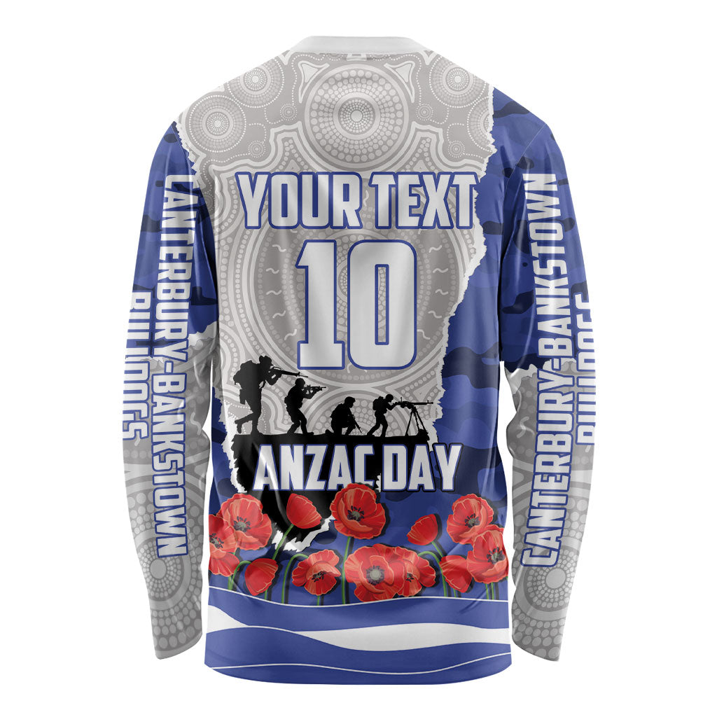 Personalized Bulldogs ANZAC Tribute Long Sleeve Shirt Poppy Field Soldier Silhouette Aboriginal Rugby Mascot