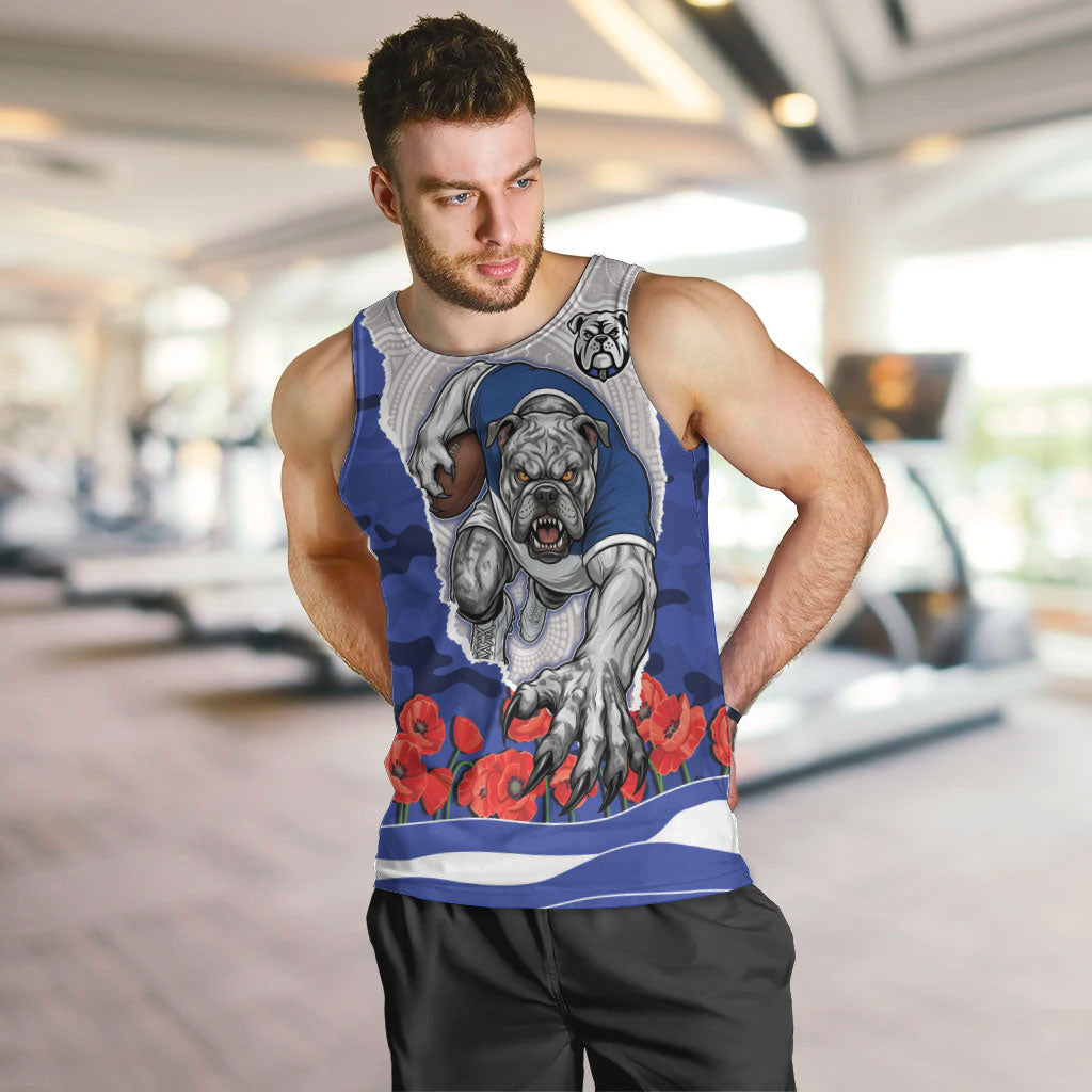 Personalized Bulldogs ANZAC Tribute Men Tank Top Poppy Field Soldier Silhouette Aboriginal Rugby Mascot