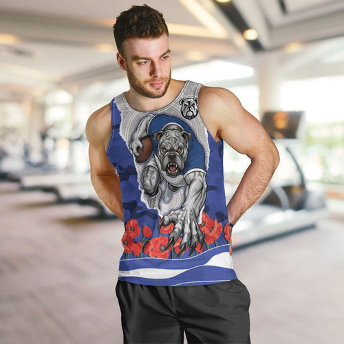 Personalized Bulldogs ANZAC Tribute Men Tank Top Poppy Field Soldier Silhouette Aboriginal Rugby Mascot