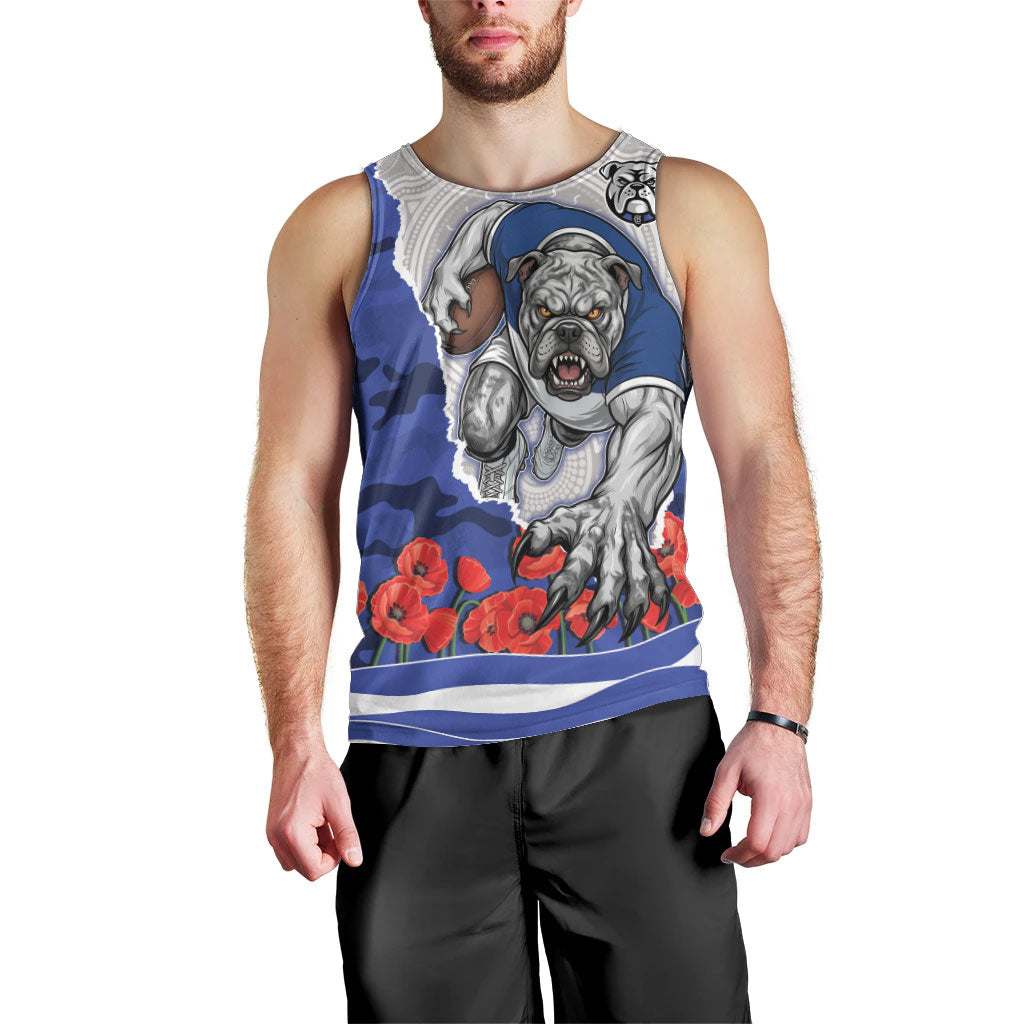 Personalized Bulldogs ANZAC Tribute Men Tank Top Poppy Field Soldier Silhouette Aboriginal Rugby Mascot