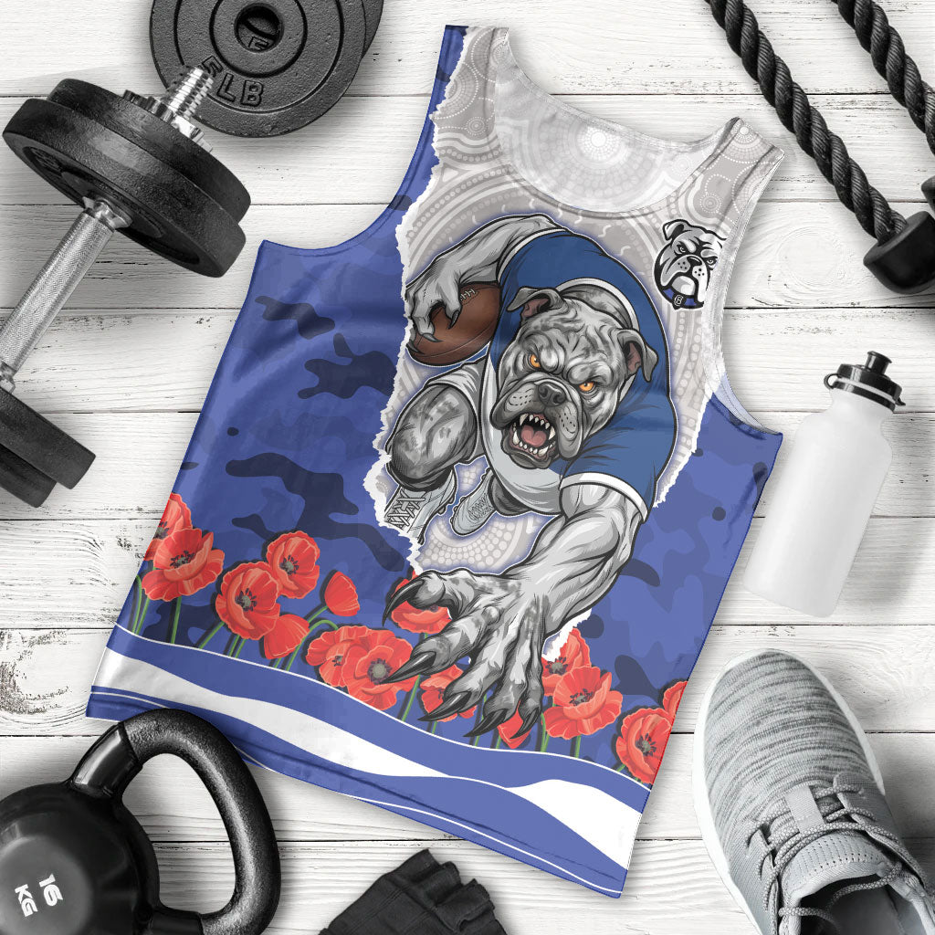 Personalized Bulldogs ANZAC Tribute Men Tank Top Poppy Field Soldier Silhouette Aboriginal Rugby Mascot