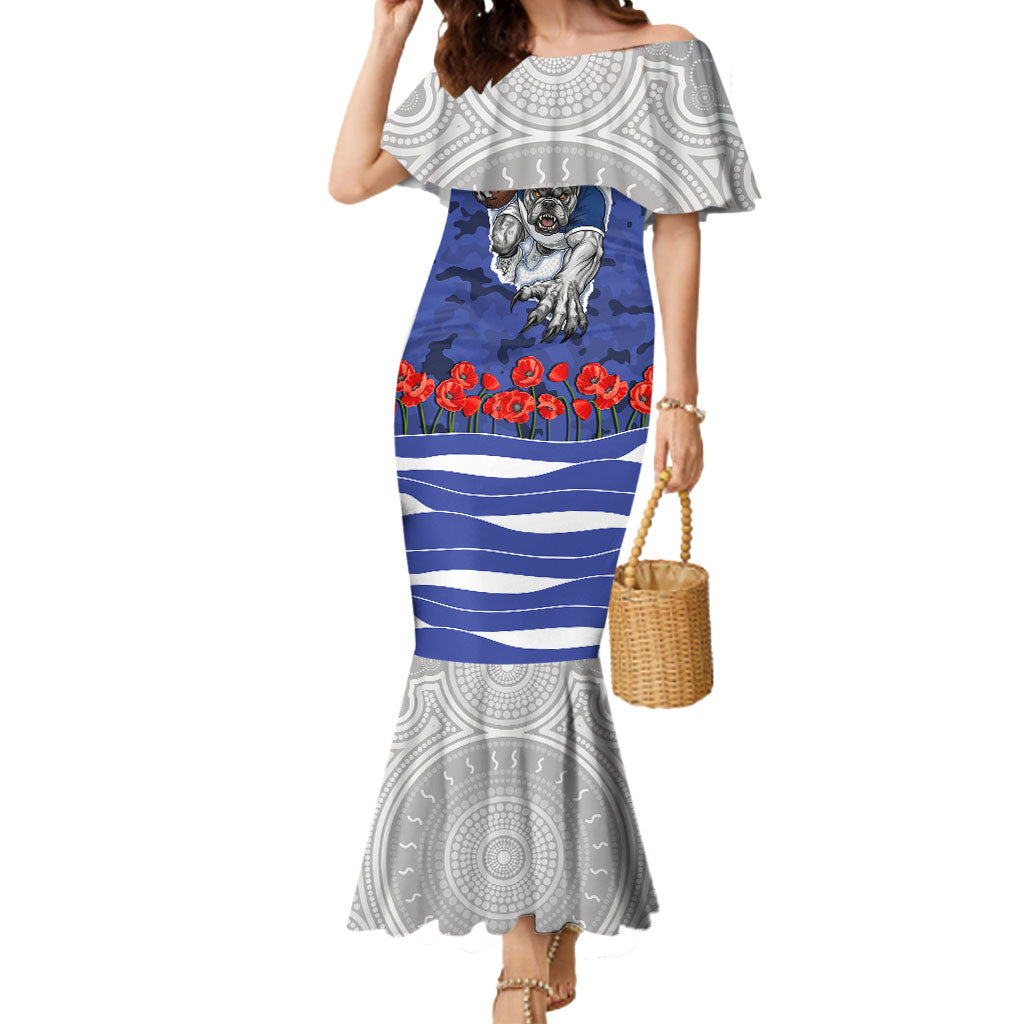 Personalized Bulldogs ANZAC Tribute Mermaid Dress Poppy Field Soldier Silhouette Aboriginal Rugby Mascot