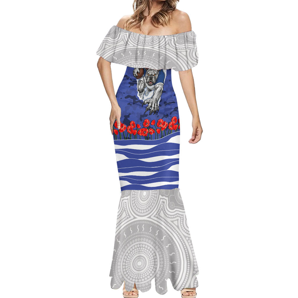 Personalized Bulldogs ANZAC Tribute Mermaid Dress Poppy Field Soldier Silhouette Aboriginal Rugby Mascot
