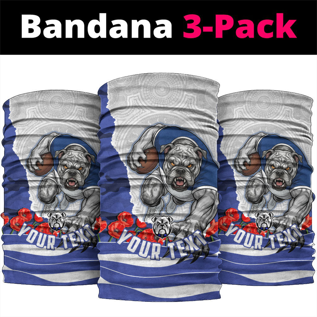 Personalized Bulldogs ANZAC Tribute Neck Gaiter Poppy Field Soldier Silhouette Aboriginal Rugby Mascot