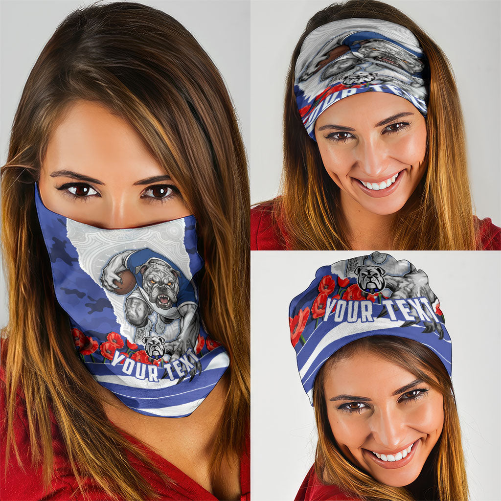 Personalized Bulldogs ANZAC Tribute Neck Gaiter Poppy Field Soldier Silhouette Aboriginal Rugby Mascot