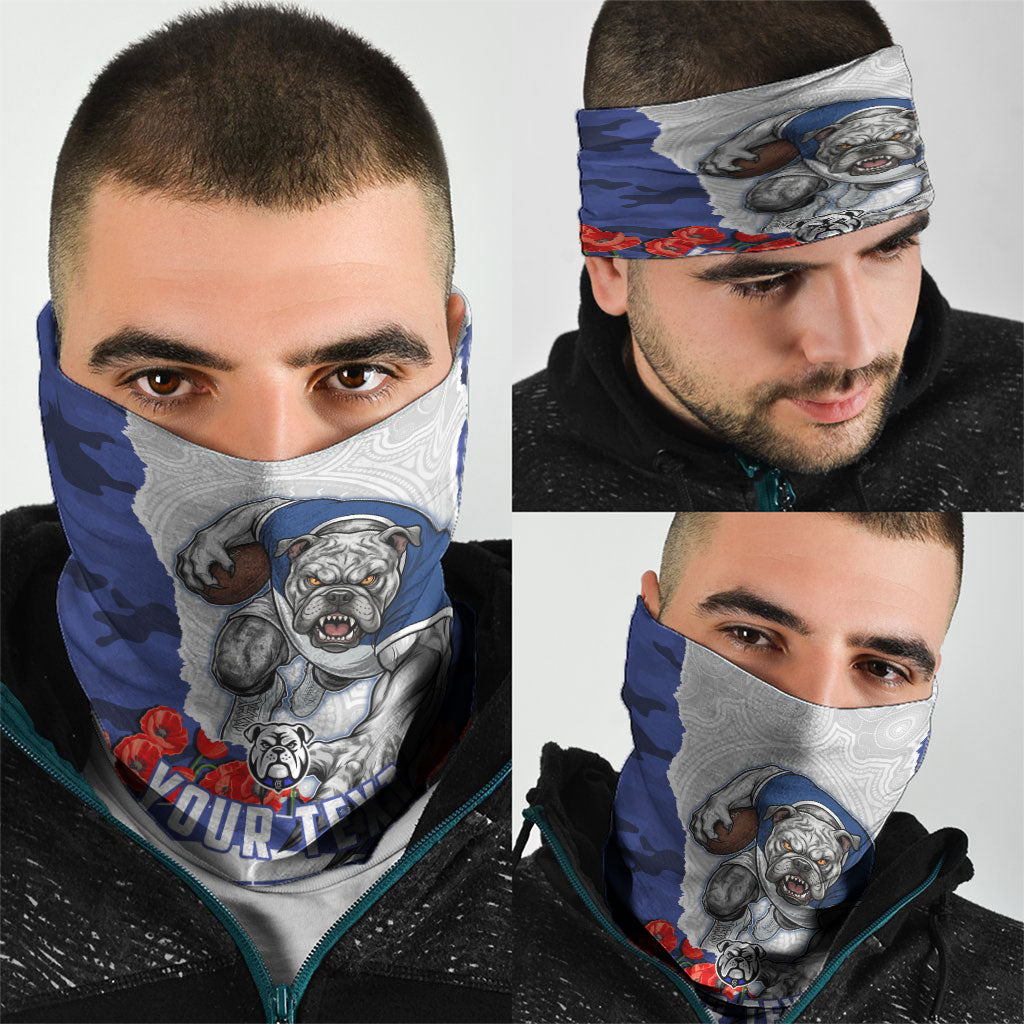 Personalized Bulldogs ANZAC Tribute Neck Gaiter Poppy Field Soldier Silhouette Aboriginal Rugby Mascot