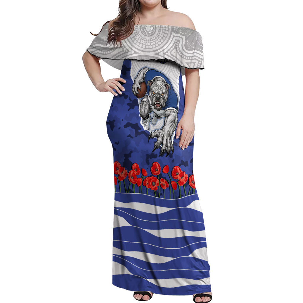 Personalized Bulldogs ANZAC Tribute Off Shoulder Maxi Dress Poppy Field Soldier Silhouette Aboriginal Rugby Mascot