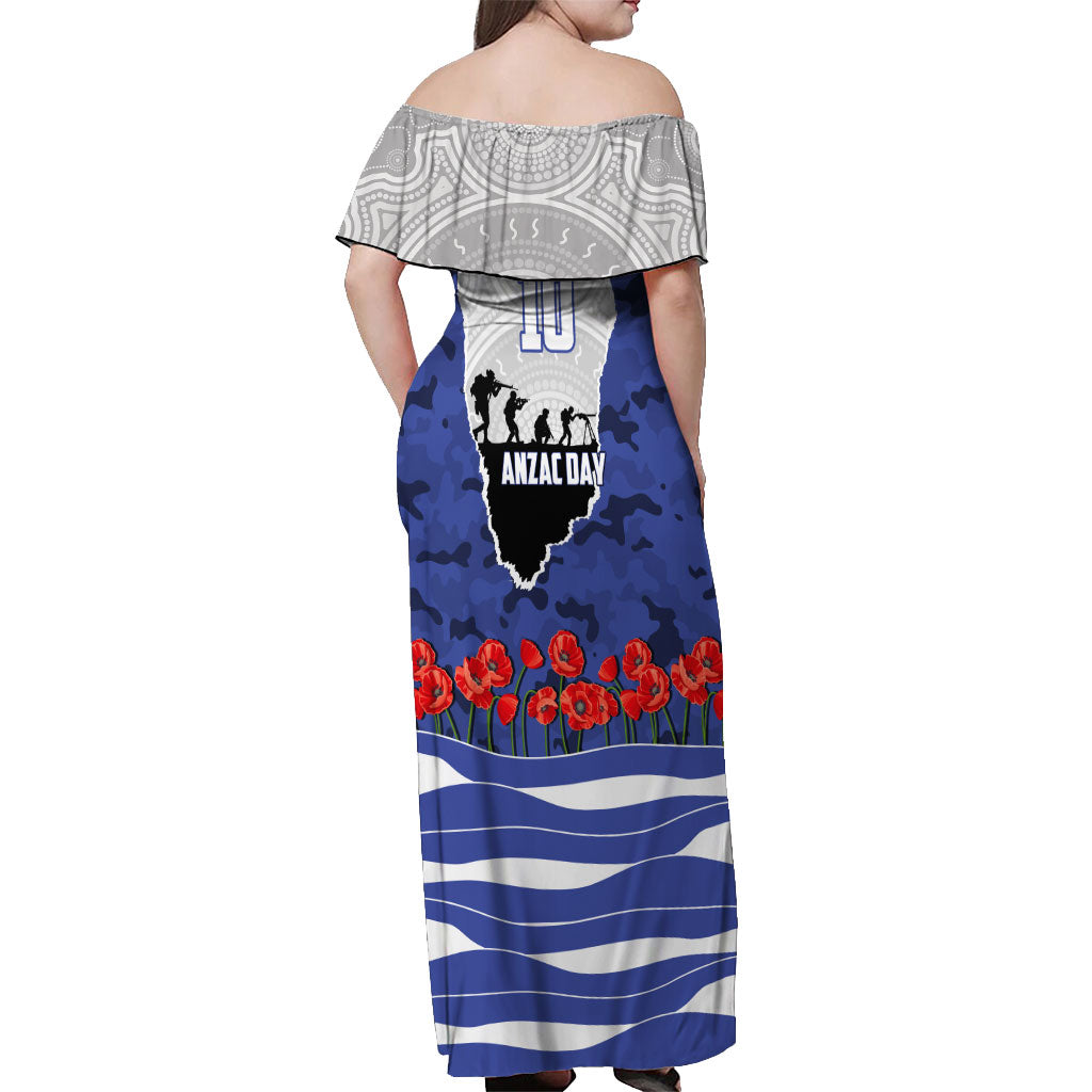 Personalized Bulldogs ANZAC Tribute Off Shoulder Maxi Dress Poppy Field Soldier Silhouette Aboriginal Rugby Mascot