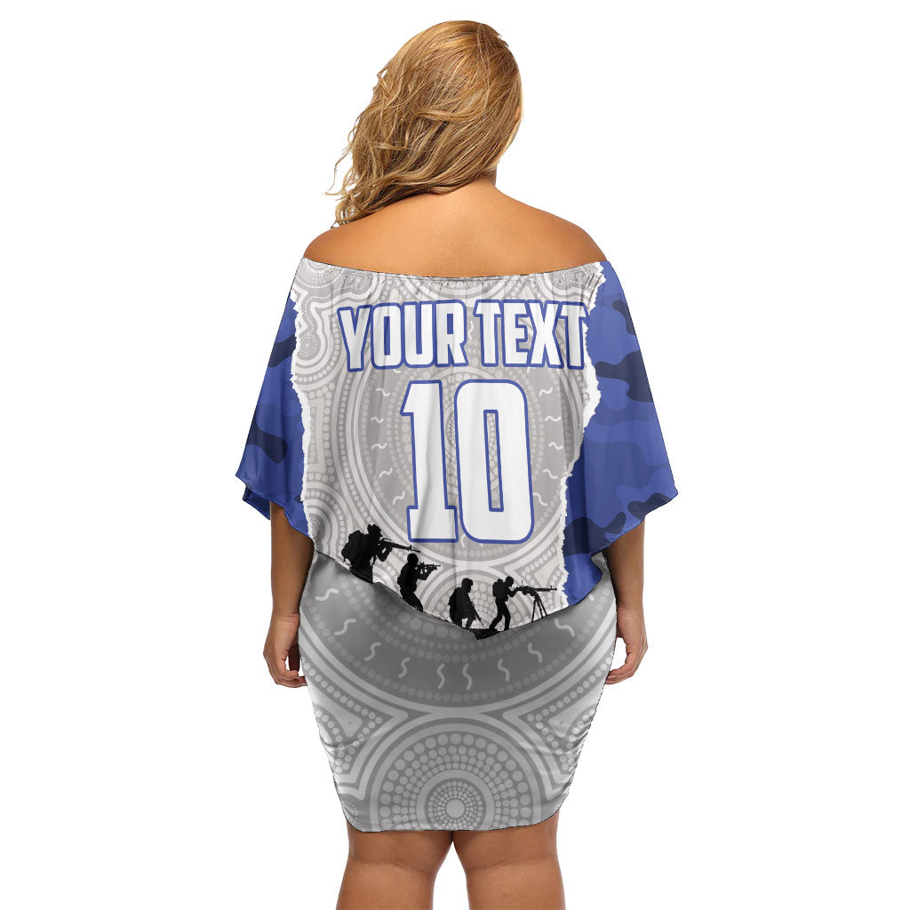 Personalized Bulldogs ANZAC Tribute Off Shoulder Short Dress Poppy Field Soldier Silhouette Aboriginal Rugby Mascot