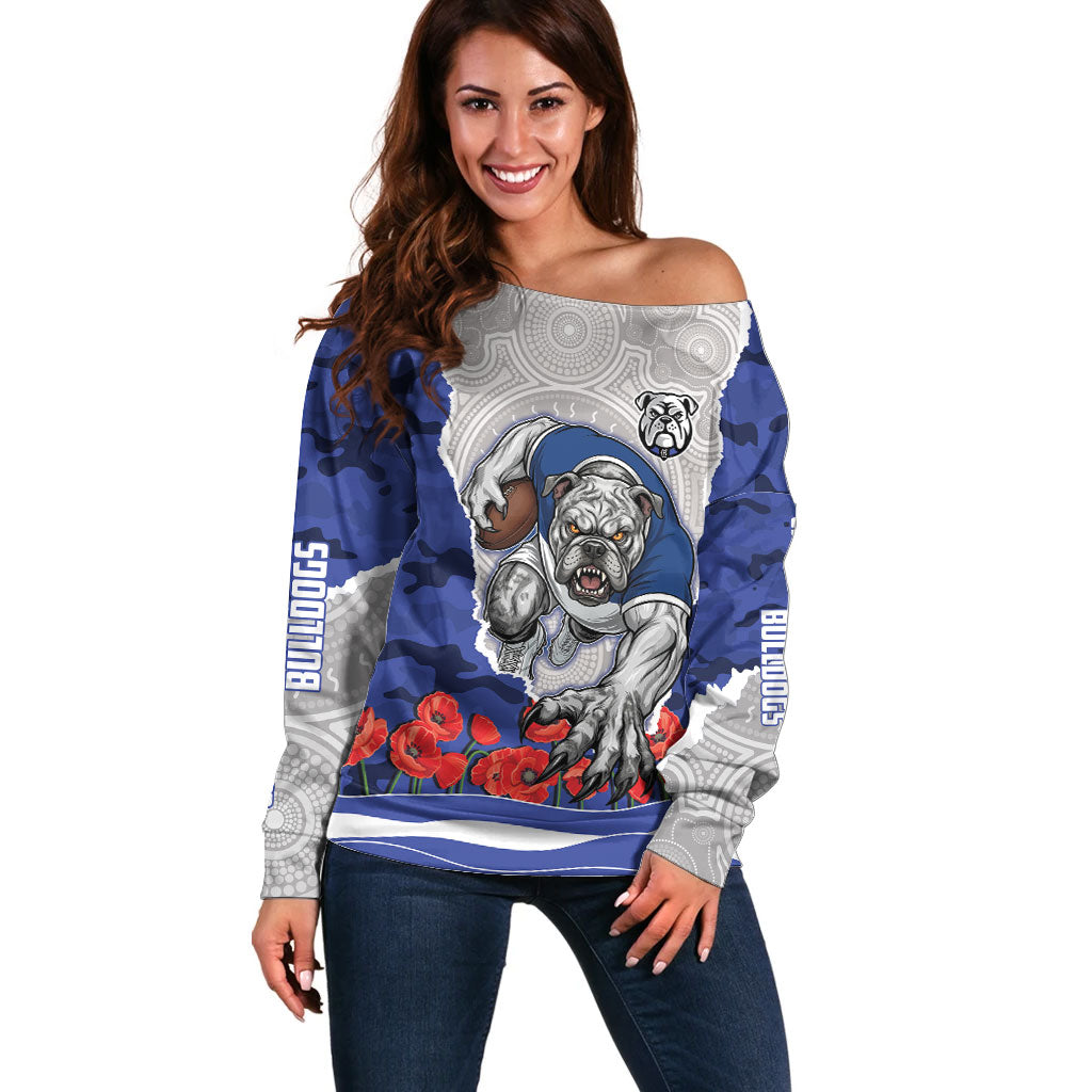 Personalized Bulldogs ANZAC Tribute Off Shoulder Sweater Poppy Field Soldier Silhouette Aboriginal Rugby Mascot