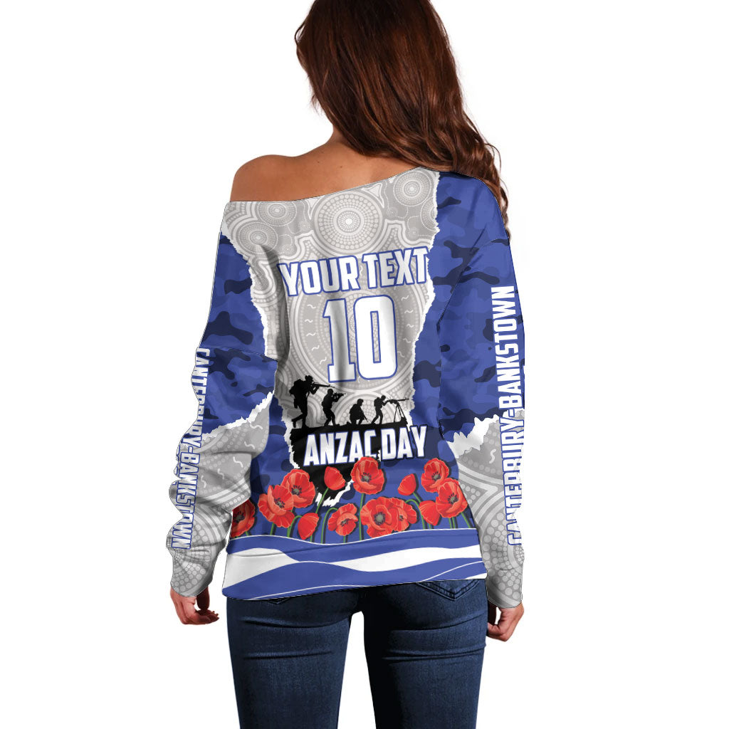 Personalized Bulldogs ANZAC Tribute Off Shoulder Sweater Poppy Field Soldier Silhouette Aboriginal Rugby Mascot