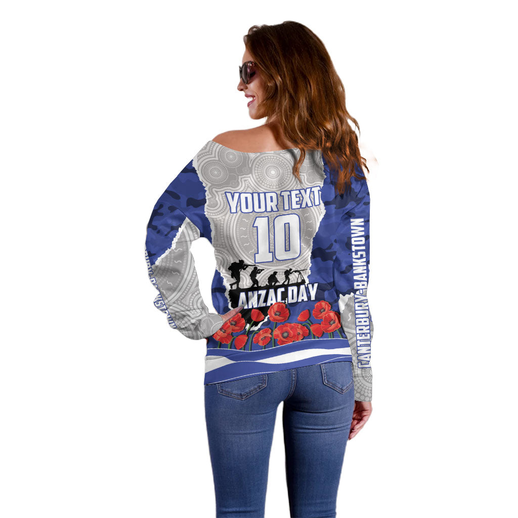 Personalized Bulldogs ANZAC Tribute Off Shoulder Sweater Poppy Field Soldier Silhouette Aboriginal Rugby Mascot