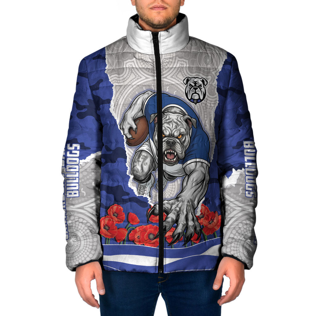 Personalized Bulldogs ANZAC Tribute Padded Jacket Poppy Field Soldier Silhouette Aboriginal Rugby Mascot