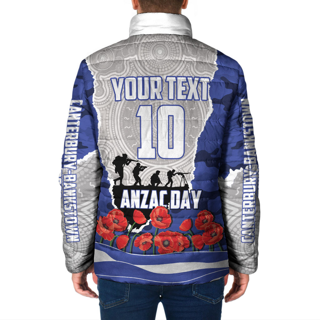 Personalized Bulldogs ANZAC Tribute Padded Jacket Poppy Field Soldier Silhouette Aboriginal Rugby Mascot