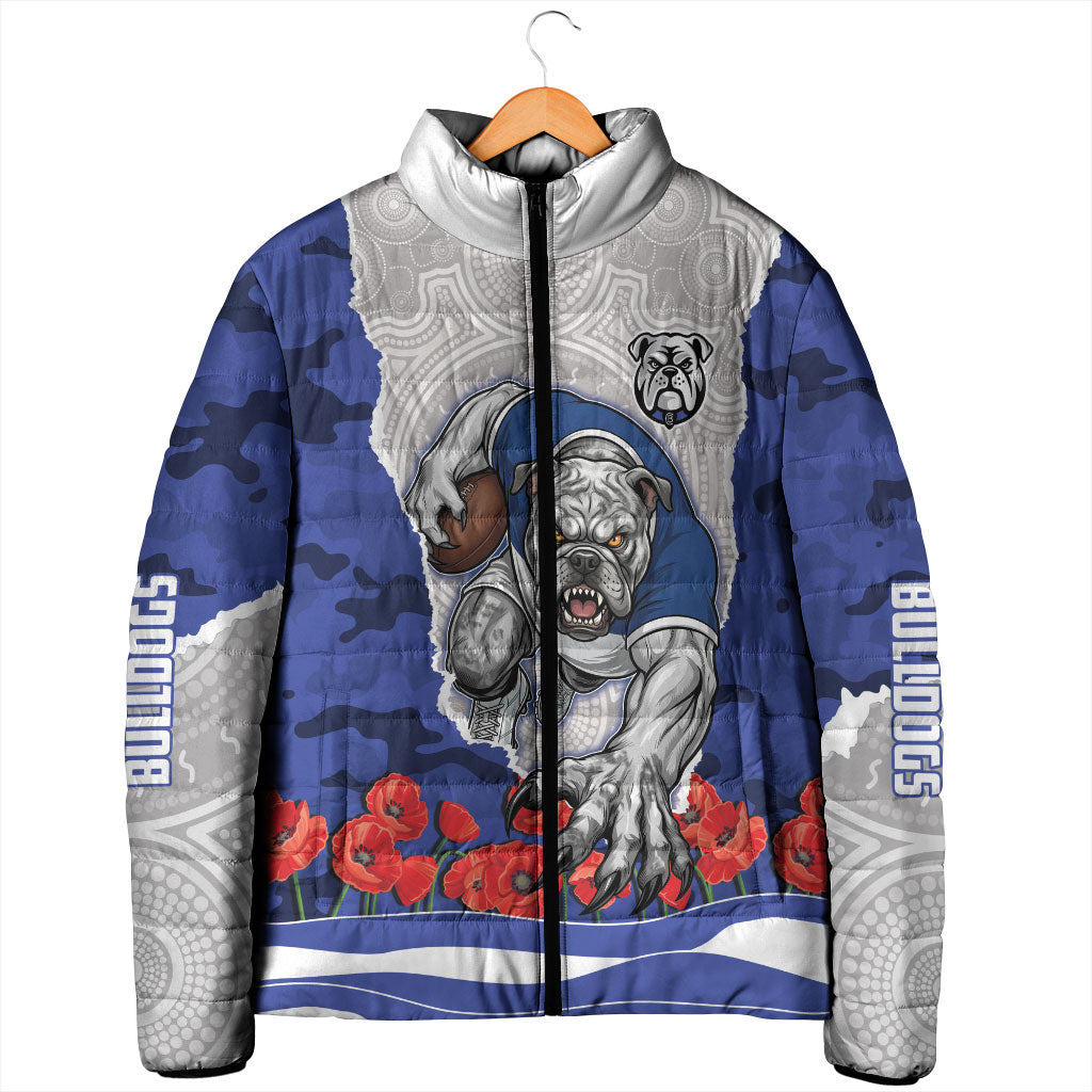 Personalized Bulldogs ANZAC Tribute Padded Jacket Poppy Field Soldier Silhouette Aboriginal Rugby Mascot