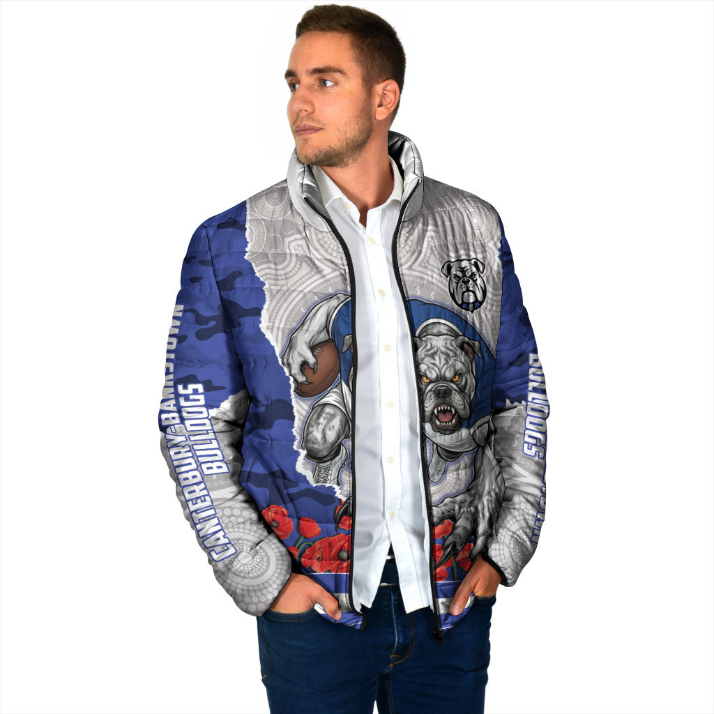 Personalized Bulldogs ANZAC Tribute Padded Jacket Poppy Field Soldier Silhouette Aboriginal Rugby Mascot