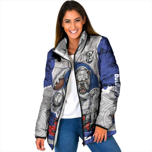 Personalized Bulldogs ANZAC Tribute Padded Jacket Poppy Field Soldier Silhouette Aboriginal Rugby Mascot