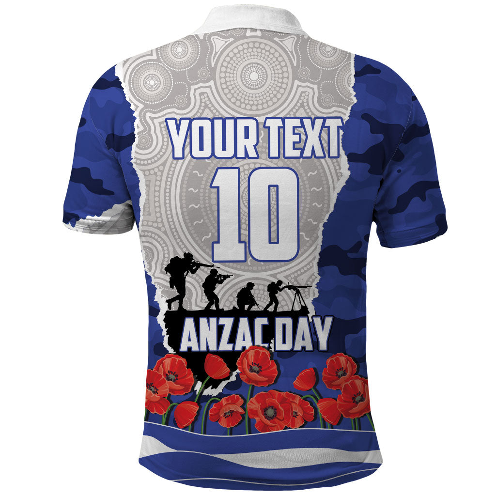 Personalized Bulldogs ANZAC Tribute Polo Shirt Poppy Field Soldier Silhouette Aboriginal Rugby Mascot