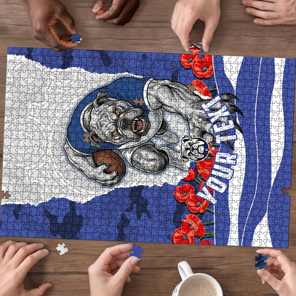 Personalized Bulldogs ANZAC Tribute Puzzle Poppy Field Soldier Silhouette Aboriginal Rugby Mascot