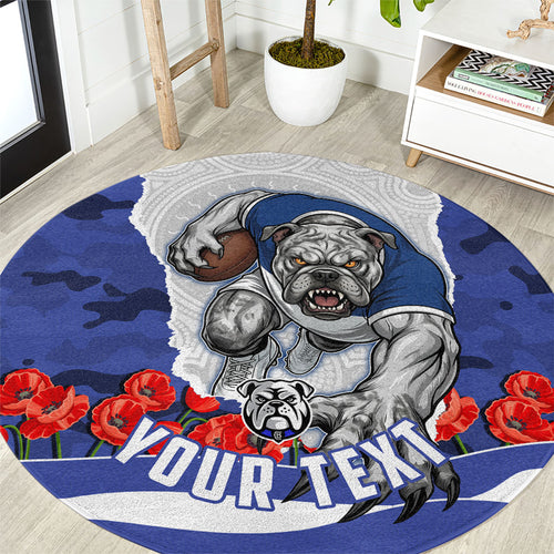 Personalized Bulldogs ANZAC Tribute Round Carpet Poppy Field Soldier Silhouette Aboriginal Rugby Mascot