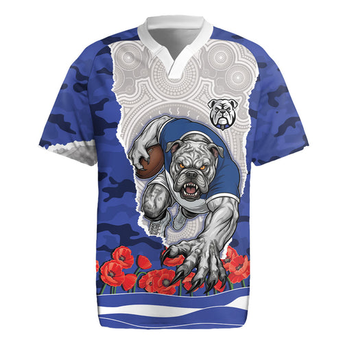 Personalized Bulldogs ANZAC Tribute Rugby Jersey Poppy Field Soldier Silhouette Aboriginal Rugby Mascot