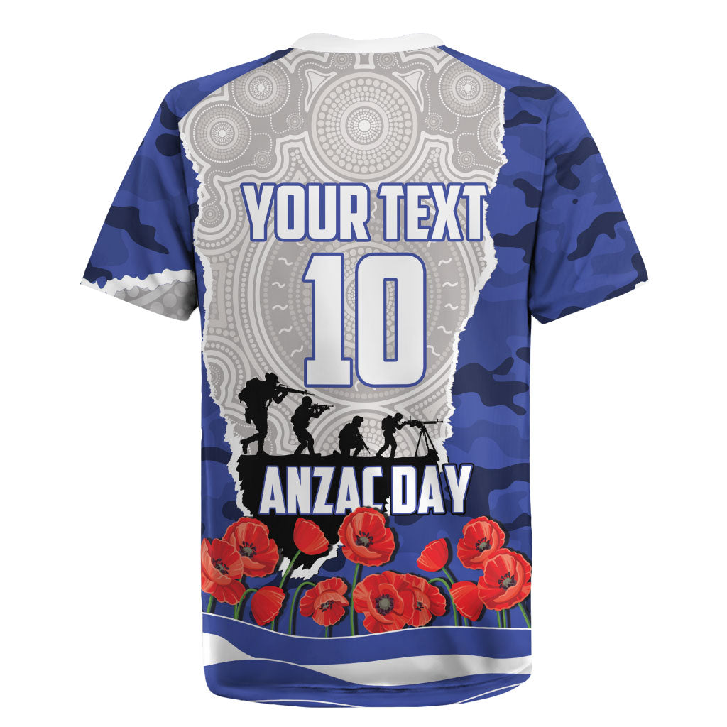 Personalized Bulldogs ANZAC Tribute Rugby Jersey Poppy Field Soldier Silhouette Aboriginal Rugby Mascot