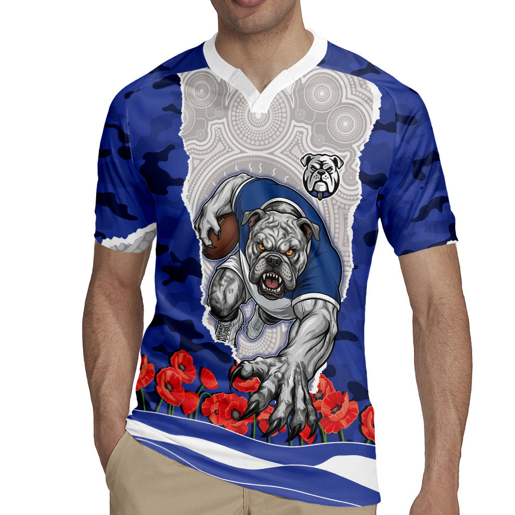 Personalized Bulldogs ANZAC Tribute Rugby Jersey Poppy Field Soldier Silhouette Aboriginal Rugby Mascot