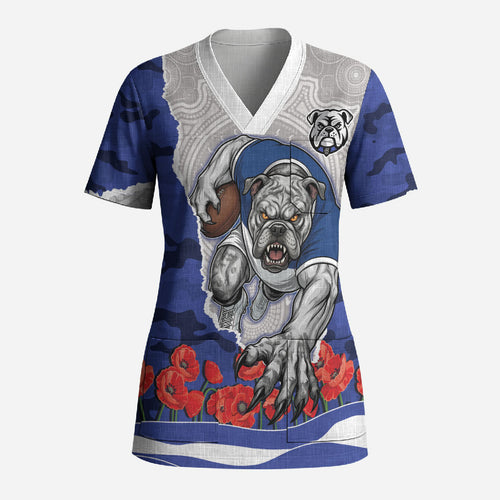 Personalized Bulldogs ANZAC Tribute Scrub Top Poppy Field Soldier Silhouette Aboriginal Rugby Mascot