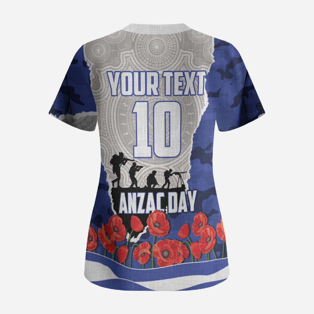 Personalized Bulldogs ANZAC Tribute Scrub Top Poppy Field Soldier Silhouette Aboriginal Rugby Mascot