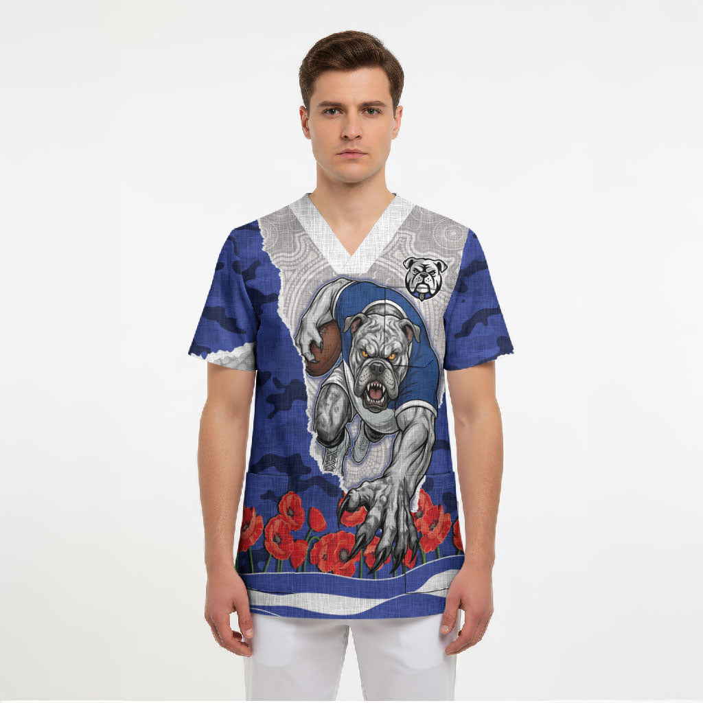 Personalized Bulldogs ANZAC Tribute Scrub Top Poppy Field Soldier Silhouette Aboriginal Rugby Mascot