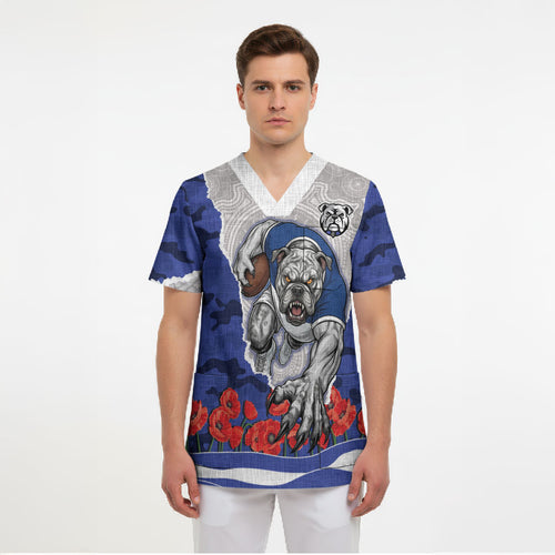 Personalized Bulldogs ANZAC Tribute Scrub Top Poppy Field Soldier Silhouette Aboriginal Rugby Mascot
