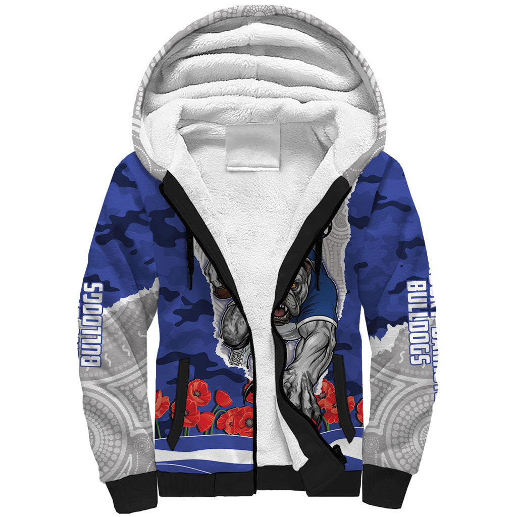 Personalized Bulldogs ANZAC Tribute Sherpa Hoodie Poppy Field Soldier Silhouette Aboriginal Rugby Mascot