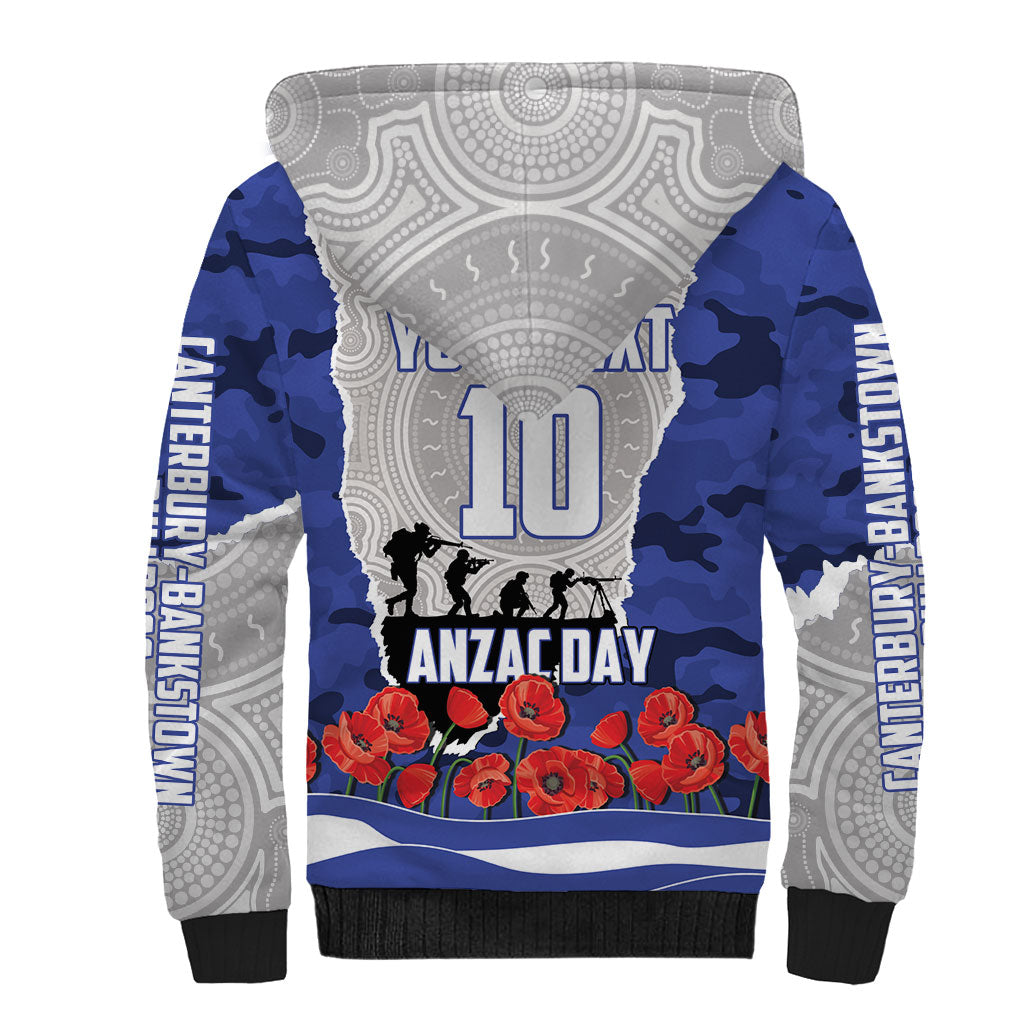 Personalized Bulldogs ANZAC Tribute Sherpa Hoodie Poppy Field Soldier Silhouette Aboriginal Rugby Mascot