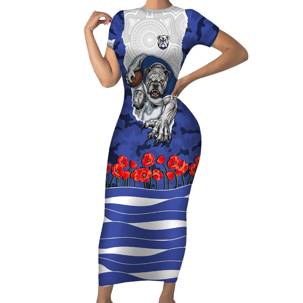Personalized Bulldogs ANZAC Tribute Short Sleeve Bodycon Dress Poppy Field Soldier Silhouette Aboriginal Rugby Mascot