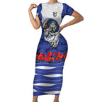 Personalized Bulldogs ANZAC Tribute Short Sleeve Bodycon Dress Poppy Field Soldier Silhouette Aboriginal Rugby Mascot