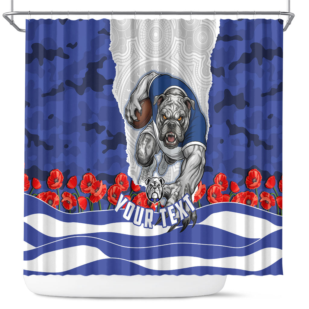 Personalized Bulldogs ANZAC Tribute Shower Curtain Poppy Field Soldier Silhouette Aboriginal Rugby Mascot